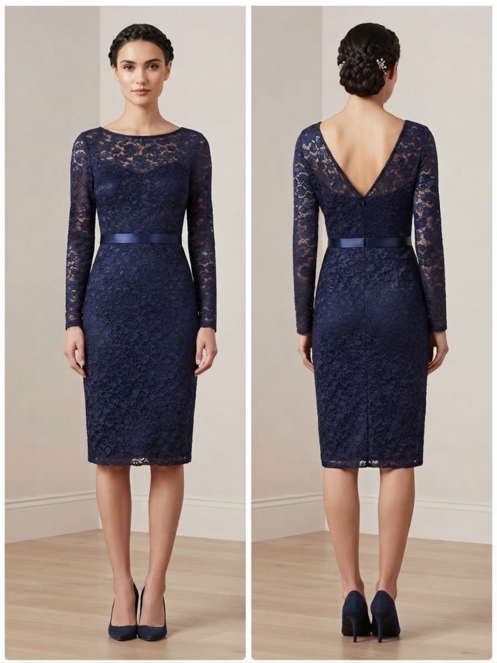 Monique Lhuillier Navy Lace Long-Sleeve Sheath Dress Size 6